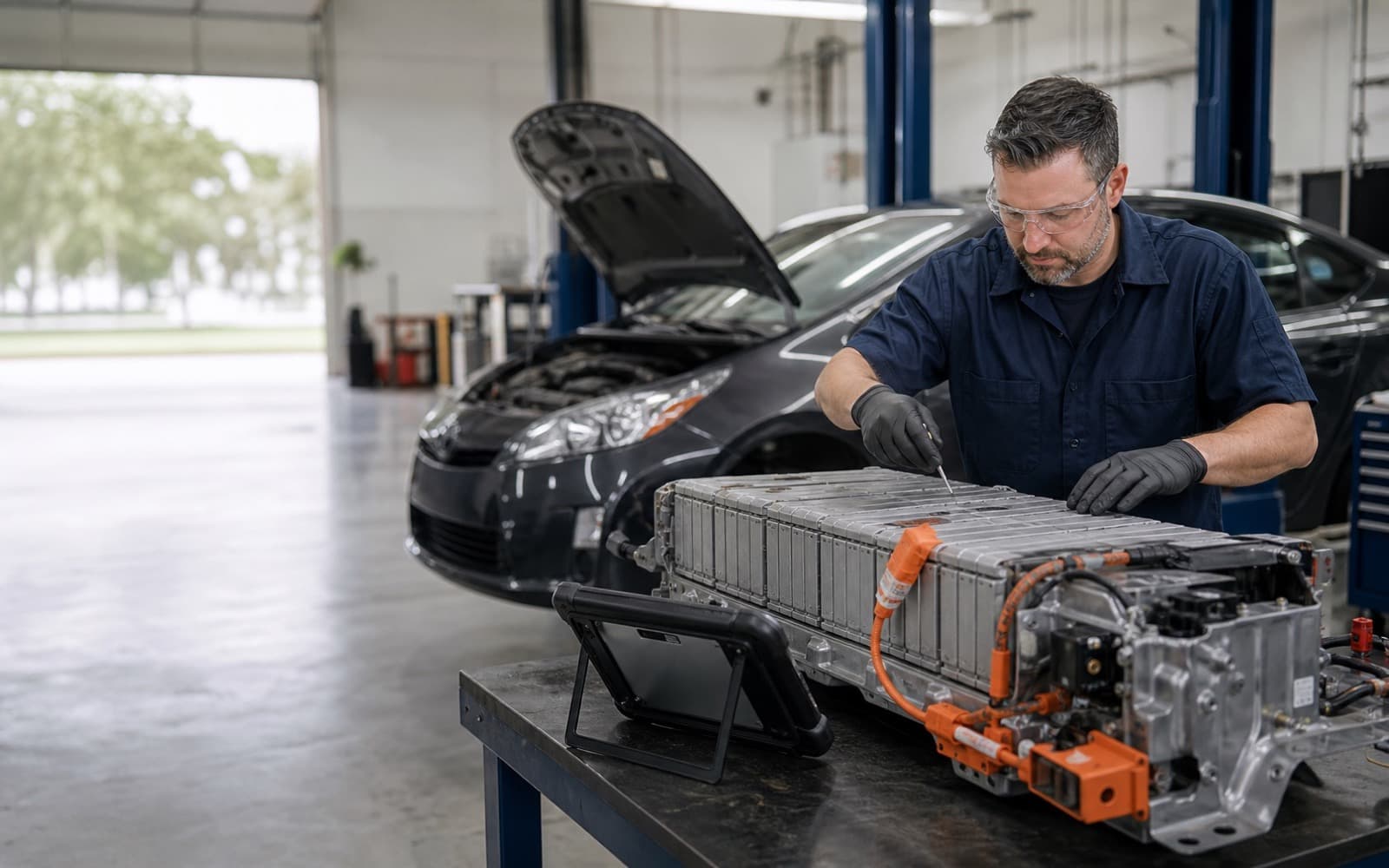 Technician inspecting a hybrid battery in a workshop